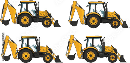 Yellow backhoe loader set illustrating heavy construction machinery, excavator and loader equipment, detailed industrial vehicle illustration for engineering and building projects