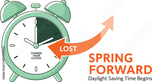 Conceptual vector illustration of a green alarm clock with an orange arrow highlighting the hour lost for Spring Forward.