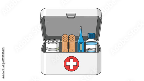 A first-aid kit with bandages, antiseptic, and a thermometer, symbolizing immediate medical assistance and preparedness for injuries.