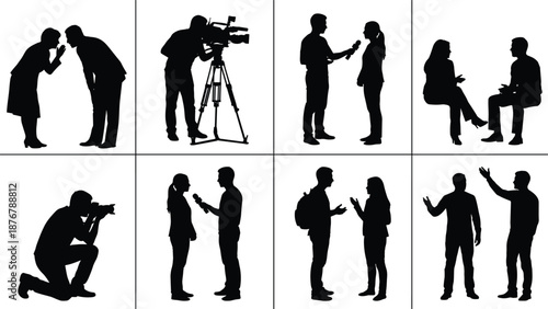 Media interaction, communication, interview, photography, videography, silhouettes, icons, talking, camera, microphone, tripod, people, black vector, flat 