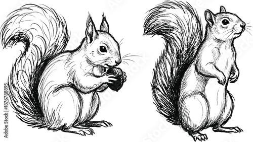Hand drawn sketch of two squirrels with bushy tails sitting and eating a nut minimalist vintage vector illustration for nature
