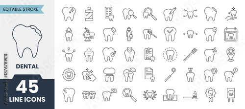 Dental line icons set with editable stroke. Containing toothbrush, braces, broken tooth, inspect, teeth, implant, dentist and more. Vector illustration