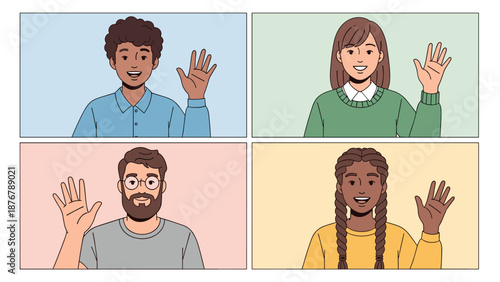Four people waving hello in a video call grid, representing online communication, virtual meetings, and remote interaction.