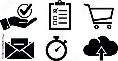 Black silhouette icons set showing hand checkmark clipboard list shopping cart email stopwatch cloud upload concept