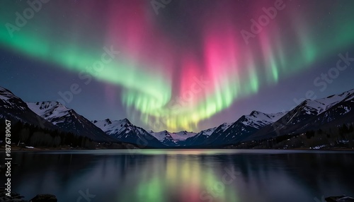 Colorful Aurora Borealis Northern Lights over Snowy Mountains and Lake