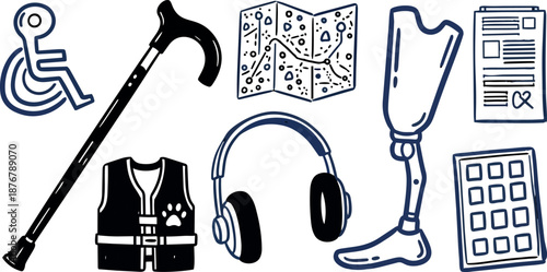 Hand drawn style medical and disability aid icons including cane map headset prosthetic leg and pill blister pack illustration