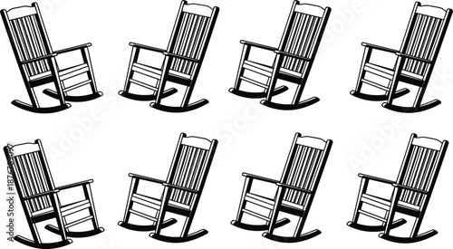 Set, of, eight, black, silhouettes, of, traditional, wooden, rocking, chairs, isolated, on, white, background, for, furniture, design, and, home, relaxation,