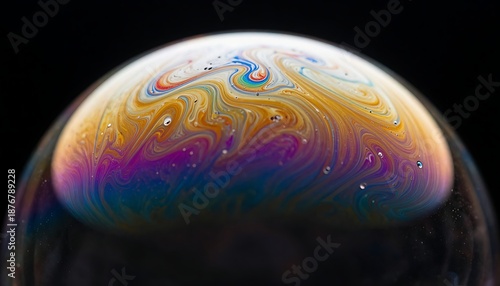 Macro shot of a soap bubble showing iridescent swirling oil film patterns