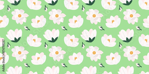 Seamless floral pattern with white magnolia blossoms on green background. vector