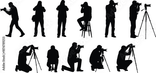 Set, of, eleven, black, silhouettes, featuring, professional, photographers, in, various, shooting, poses, with, cameras, and, tripods, on, white, background, vector,