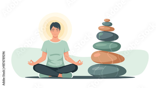 A man meditating in a peaceful setting with stacked stones, representing mindfulness, inner peace, and spiritual balance.