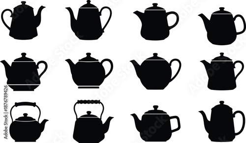 Set, of, twelve, black, silhouettes, of, various, teapots, and, kettles, in, different, styles, isolated, on, white, background, vector, illustration, icons,