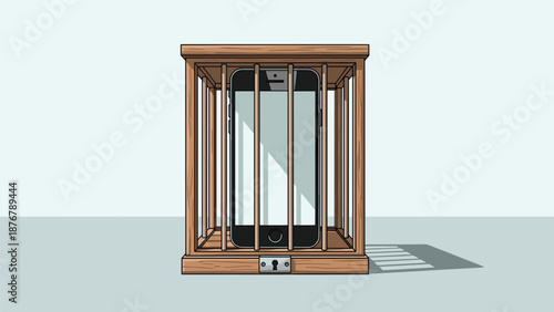 A smartphone locked inside a wooden cage, symbolizing digital addiction, phone dependency, or being trapped by technology.
