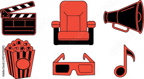 Red and black flat design movie icons including popcorn, megaphone, 3d glasses, director chair, music note, and clapperboard set