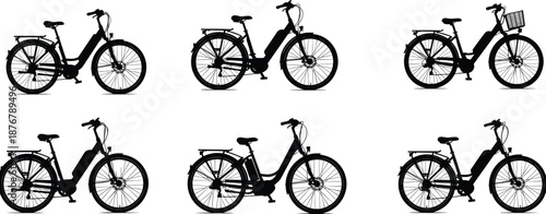 Set, of, six, black, silhouettes, featuring, modern, electric, bicycles, and, e-bikes, with, baskets, isolated, on, white, background, vector, transport, design,