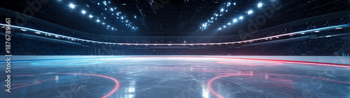 Wallpaper Mural Empty hockey arena with ice and stands in cold colors under spotlights. Perspective sports banner, backgrounds, event visuals and professional sport branding. Torontodigital.ca