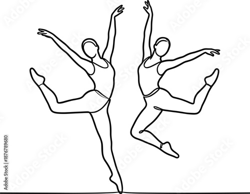 One line drawing of two ballet dancers jumping in mirror pose minimalist continuous line art vector illustration for dance studio