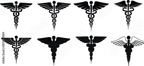 Set, of, eight, black, caduceus, medical, symbols, with, wings, and, snakes, isolated, on, white, background, for, healthcare, pharmacy, vector, icons,