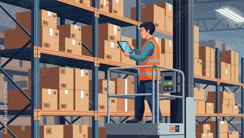 A worker on a lift in a warehouse, using a tablet to manage inventory among tall shelves filled with boxes, depicting modern logistics.