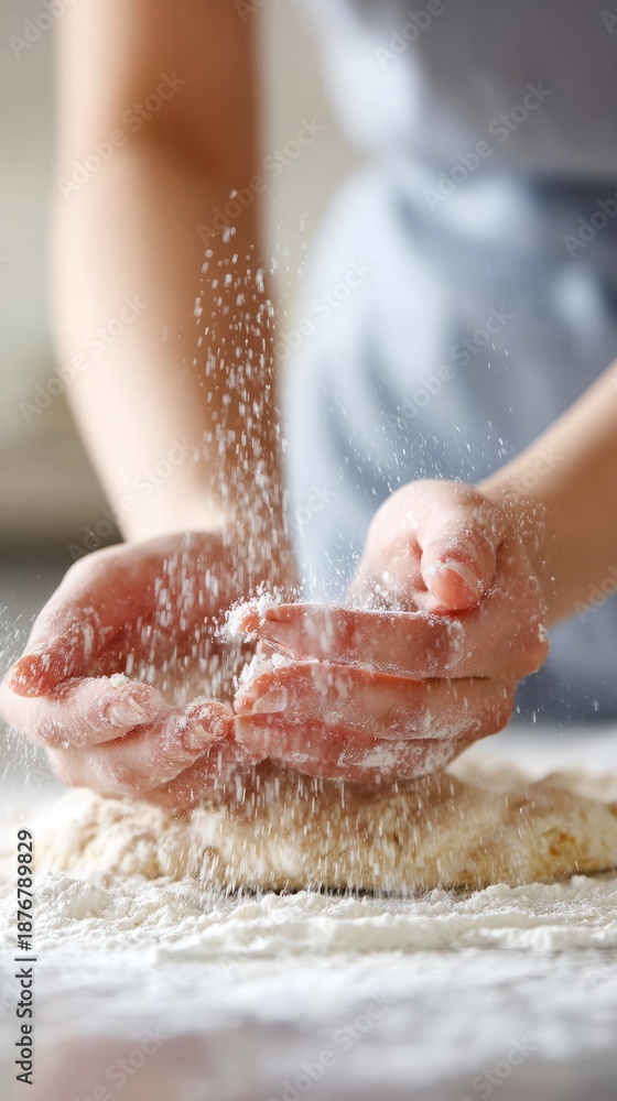 Fototapeta premium hands sifting flour onto dough on white surface