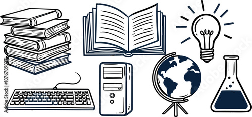 Hand drawn style stack of books open book desktop computer keyboard globe light bulb and chemistry flask education and science icons