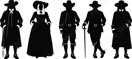 Set, of, five, black, colonial, pilgrim, silhouettes, in, traditional, 17th, century, clothing, isolated, on, white, background, for, historical, vector, design,
