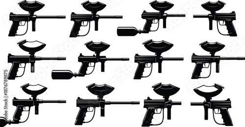 Paintball guns, silhouettes, hopper, barrel, air tank, shooting gear, black vector, flat illustration, sport, equipment, weapon, tactical, combat, recreation, 