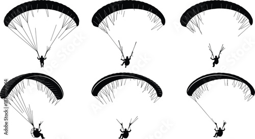 Paragliding silhouettes, canopy, harness, powered paraglider, flying posture, black vector, flat illustration, adventure, extreme sport, outdoor, sky, motion, 