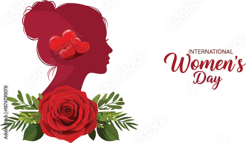 International Women's Day vector featuring a woman's silhouette with hearts and a red rose for March 8th celebration.