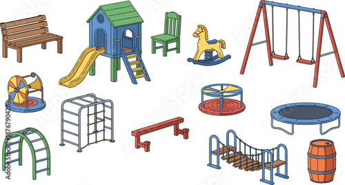 Playground equipment set with slides, swings, climbing frames, carousel, trampoline, and kids outdoor play elements flat vector illustration