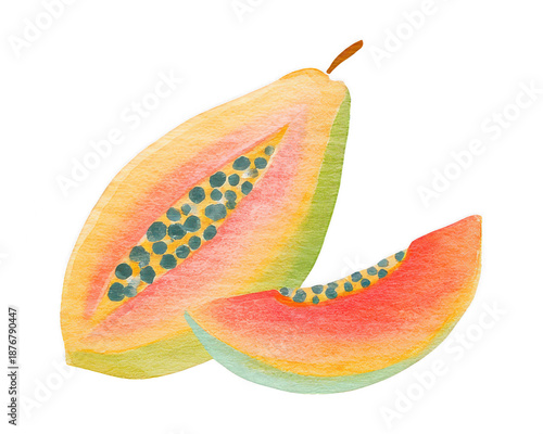 Papaya Paradise: Vibrant watercolor painting showcases sliced papaya, inviting culinary creativity and tropical vibes.
