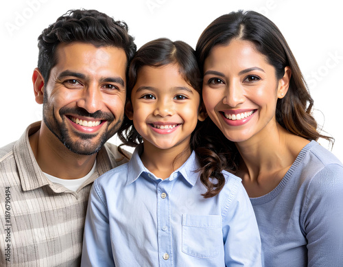Happy family of three smiling at the camera, isolated on a transparent background.