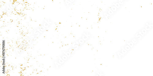 Minimal bright white abstract filled with gentle brown dust flecks, retro orange noise, and glossy gold confetti flakes drifting in soft motion, creating a lively celebration-ready background