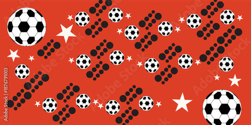 Soccer balls and stars. Football pattern from balls, red background. Pattern for textiles, pillows, clothes, background, packaging, notepads.
