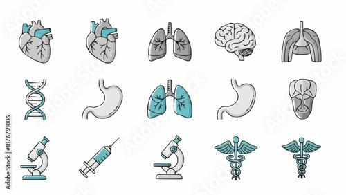 Collection of medical and scientific illustrations and icons.