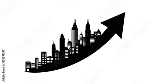 City skyline with growing upward arrow trend urban development concept business growth and progress