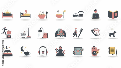 Collection of Icons Representing Daily Life Activities and Objects.