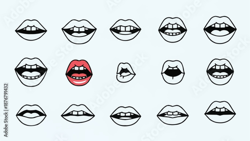 Collection of illustrated mouths and lips with one colored red.