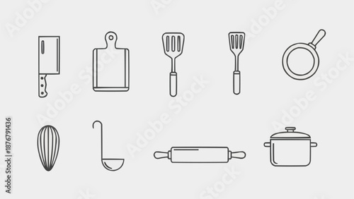 Collection of kitchen utensils and cooking tools in a line art style.