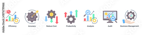 Business Efficiency banner illustrating productivity improvement, cost reduction, and performance analysis icons