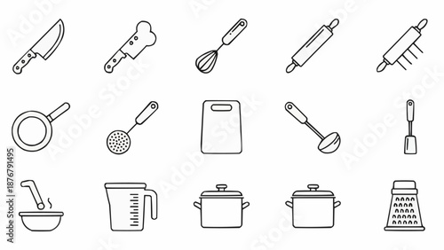Collection of Kitchen Utensils and Cooking Tools Line Art Icons.