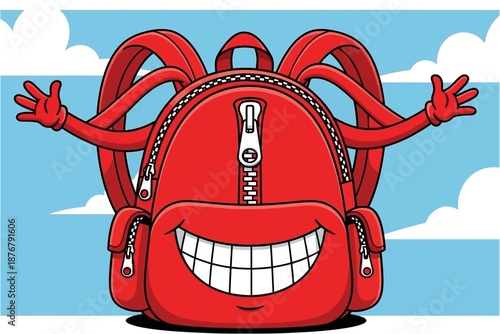 Cheerful red backpack with arms and a smile against a cloudy sky