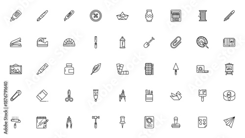Craft and Tools icon set. Vector illustration pack. Includes glue, pen, cutter, button, paper boat, vase, crayons, thread, pencil, stapler and more. Editable stroke.
