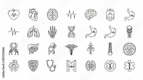 Collection of Medical and Anatomical Icons Hand Drawn Style.