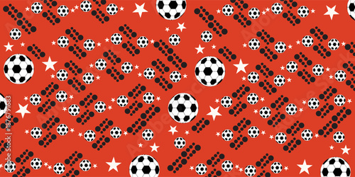 Soccer balls and stars. Football pattern from balls, red background. Pattern for textiles, pillows, clothes, background, packaging, notepads.