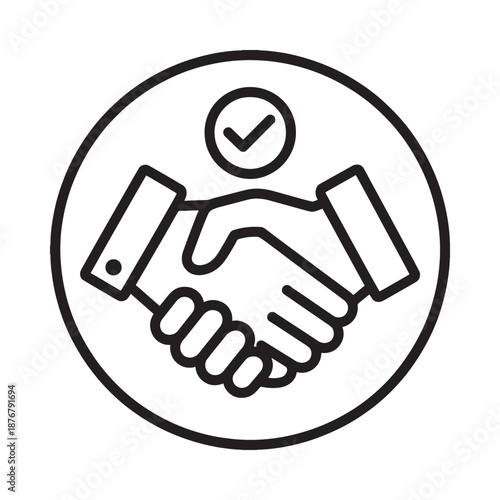 A handshake within a circle with a checkmark representing agreement or success