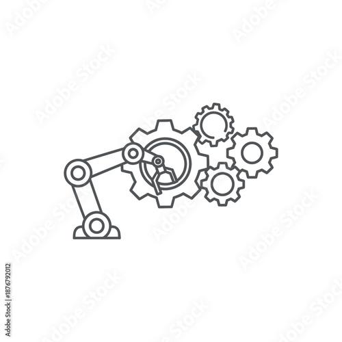 A robotic arm interacts with interlocking gears in an industrial setting.