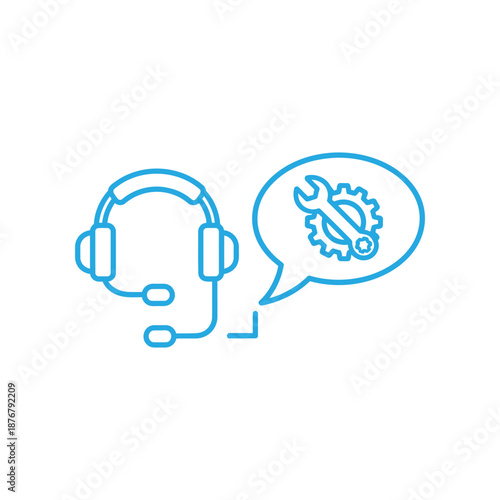 Customer service representative discussing technical issues with a client via headset and speech bubble.