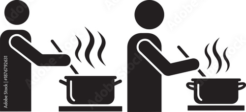 Silhouette people cooking food in pots icon design