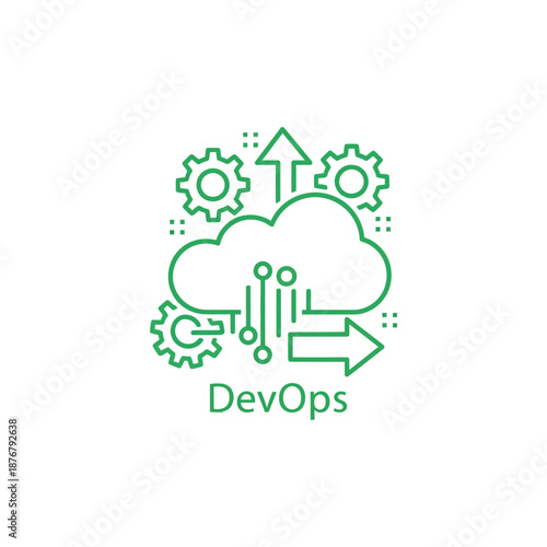 DevOps concept with cloud computing and gear icons for technology and software development.